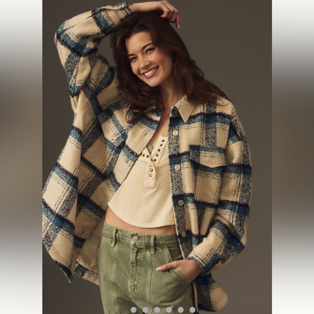 NWT: Anthropologie, Good American Cream and Indigo Plaid Jacket - sold out